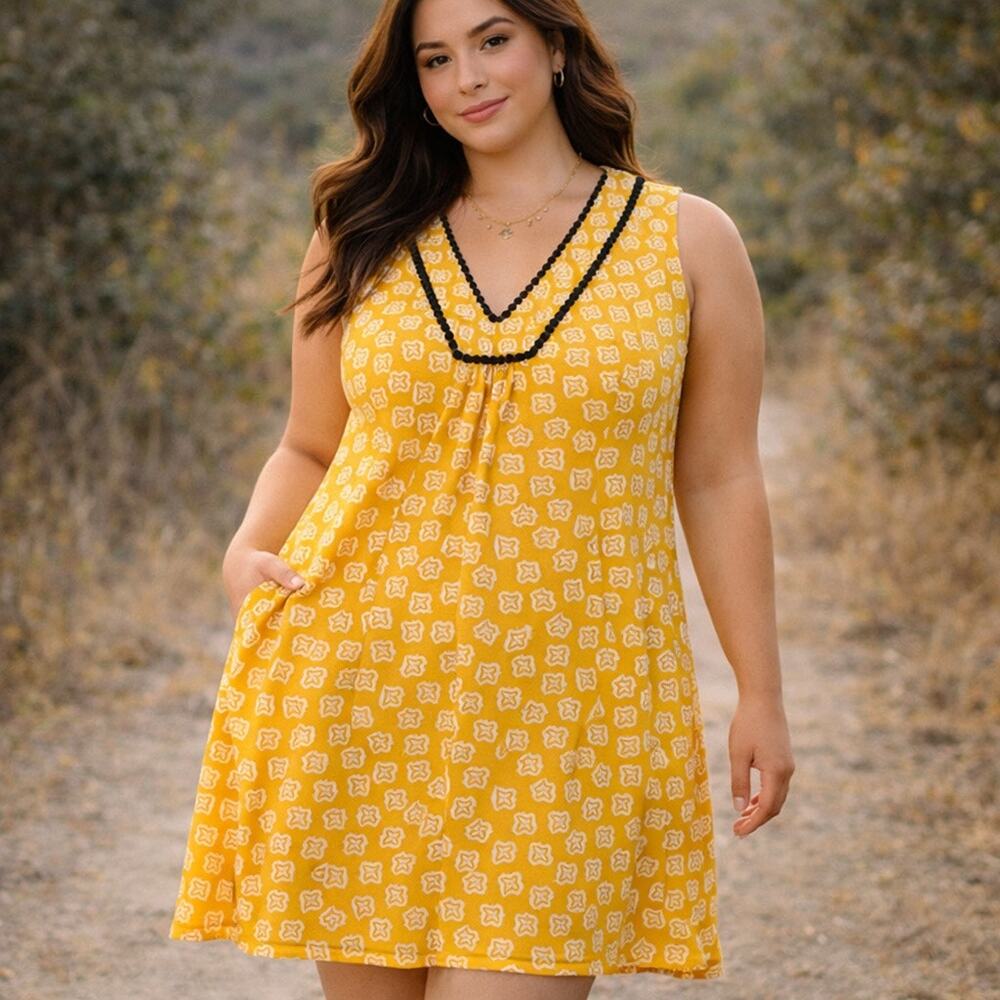 Boden Dress Womens 18 Yellow Sleeveless Cotton Boho Resort Nautical Folk Pattern